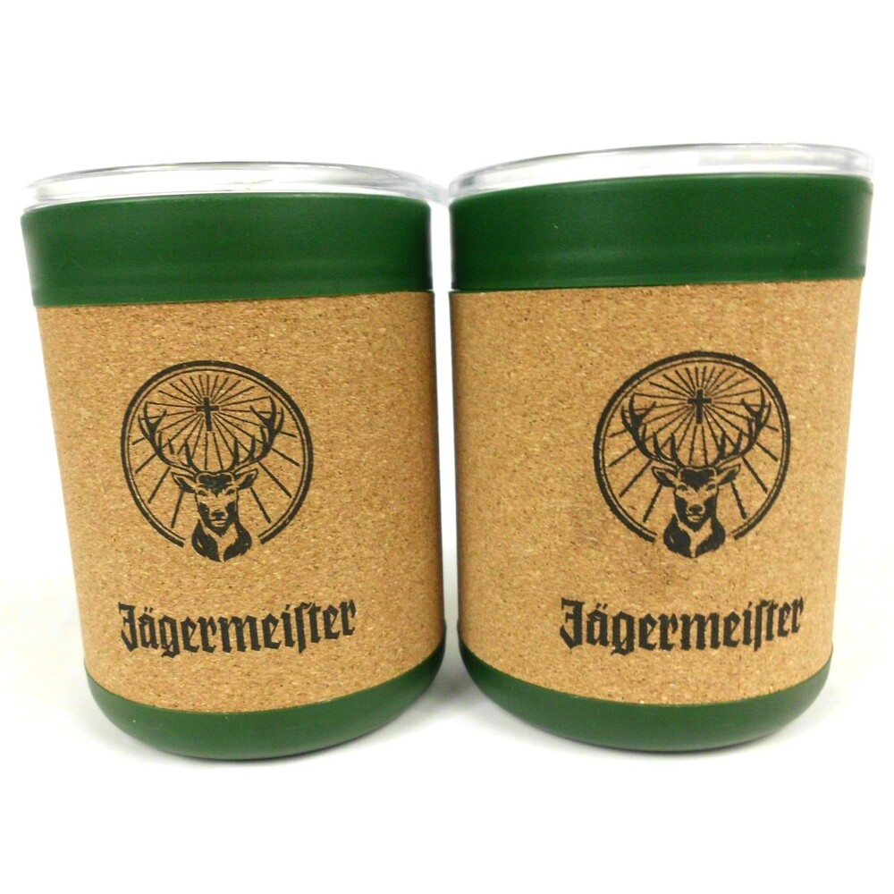 Jagermeister Insulated Green Cork 10 oz Tumblers Cups Mugs with Lids Set of 2
